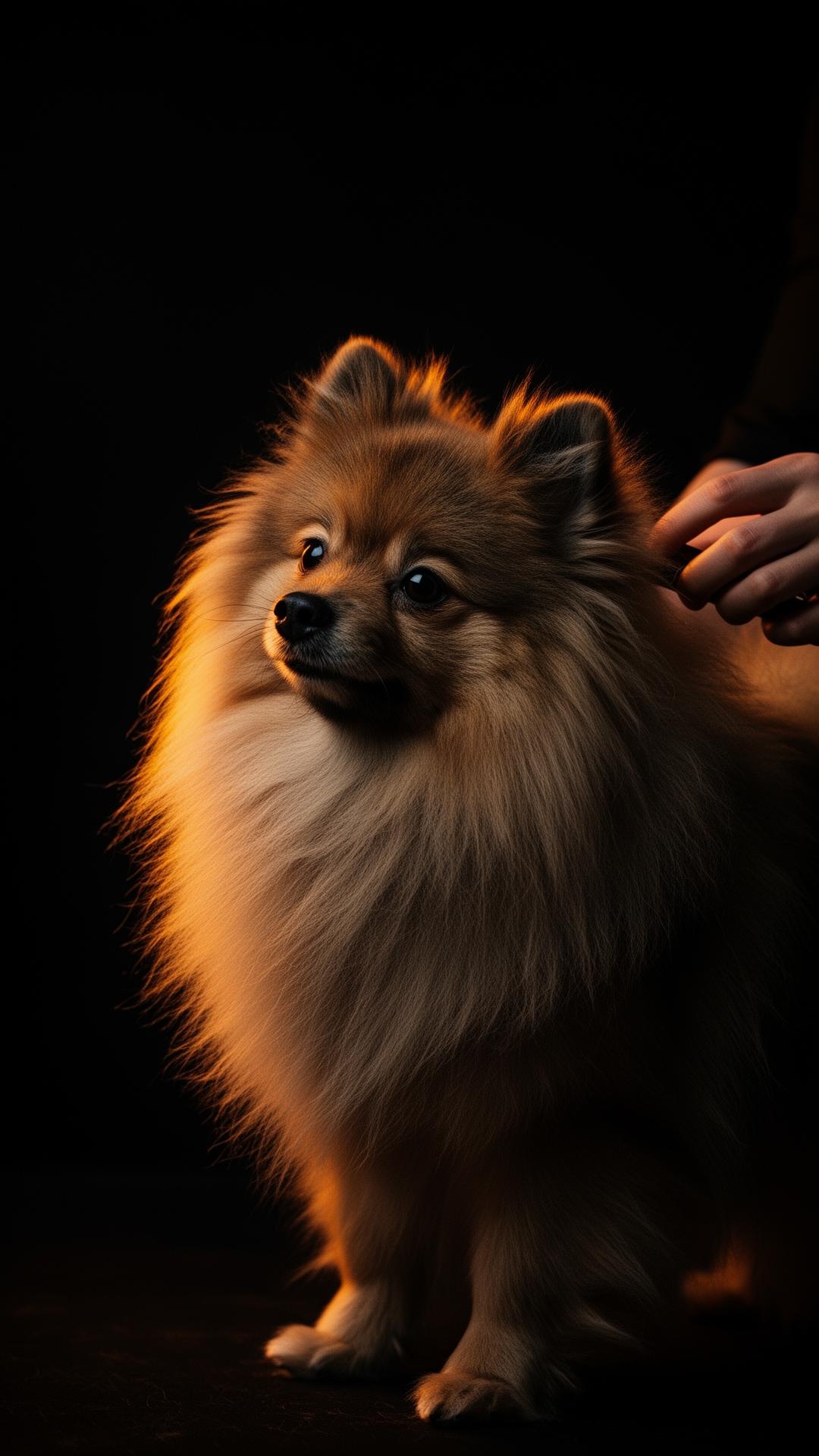A dog being gently groomed in warm light
