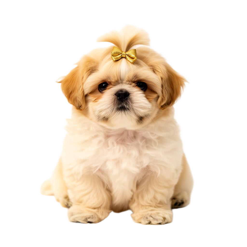 Freshly groomed dog with a gold bow